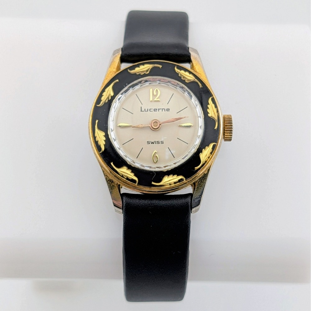 Vintage Lucerne Swiss Manual Wind Black Gold Leaf Dial Women's Watch 1960s 70s